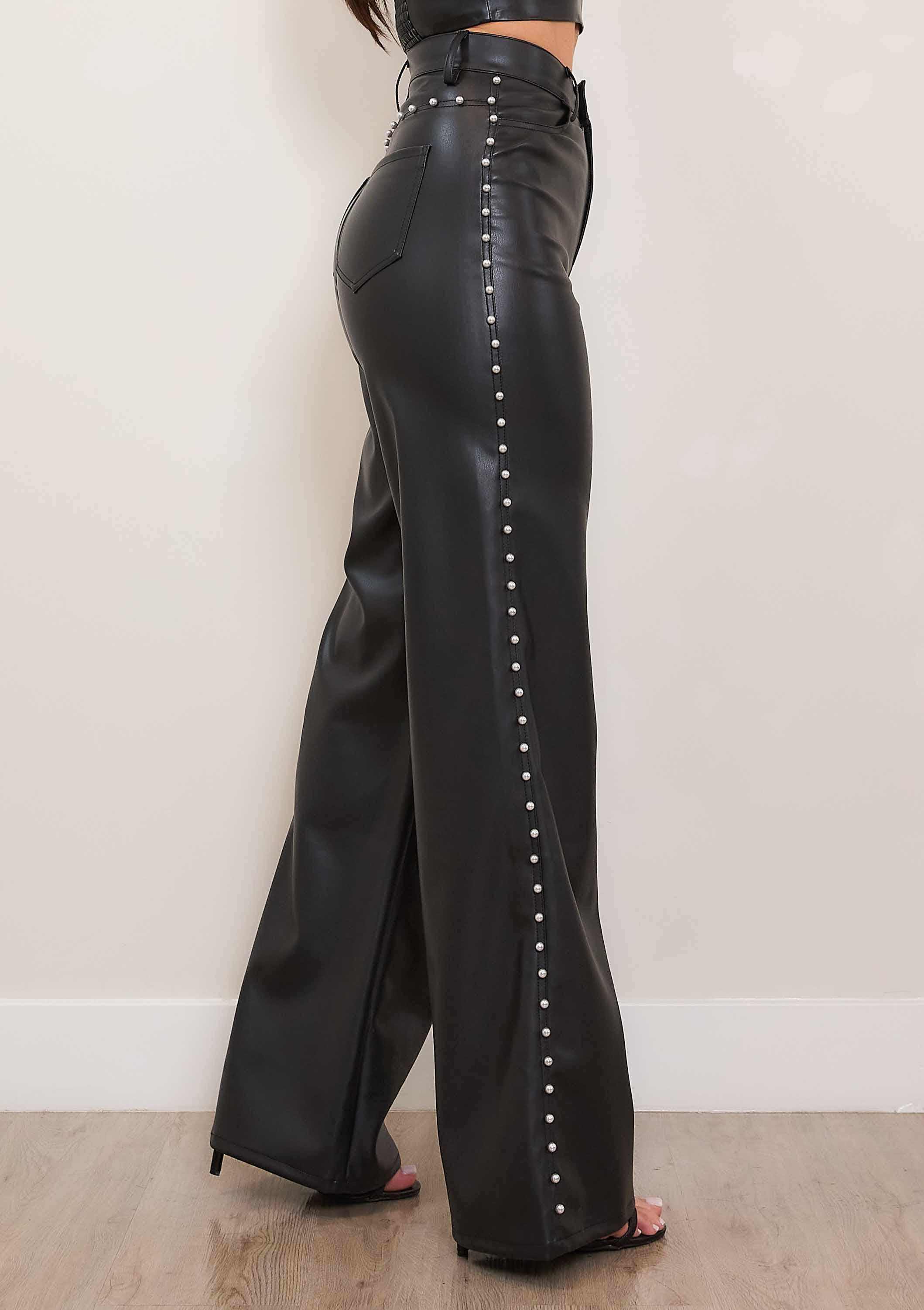 Vegan Leather Wide Leg Pants With Pearls - Image 6