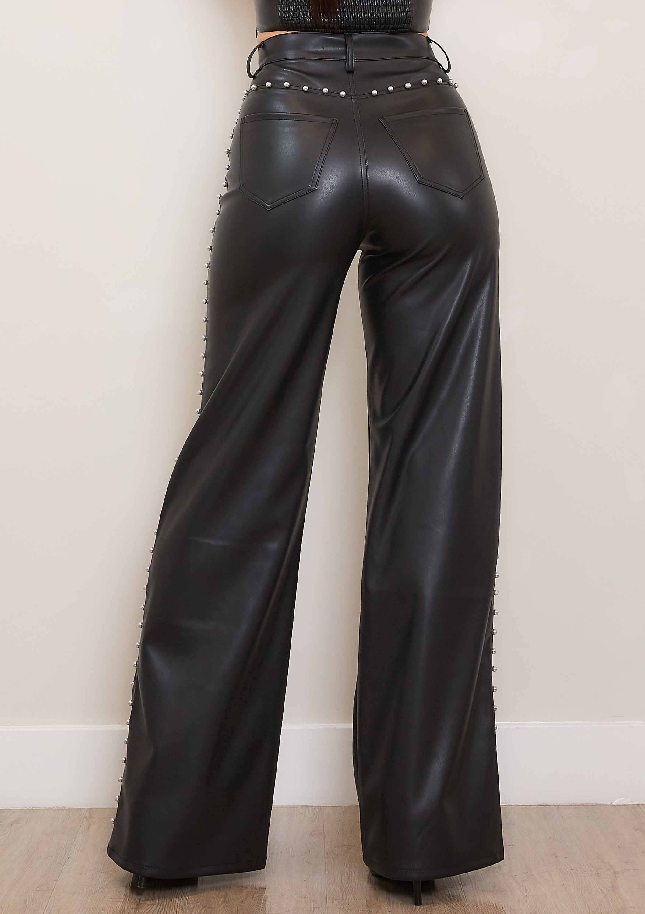 Vegan Leather Wide Leg Pants With Pearls - Image 7